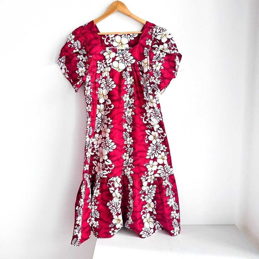 Vintage Hawaiian Togs Floral Red White Hawaiian Midi Dress M